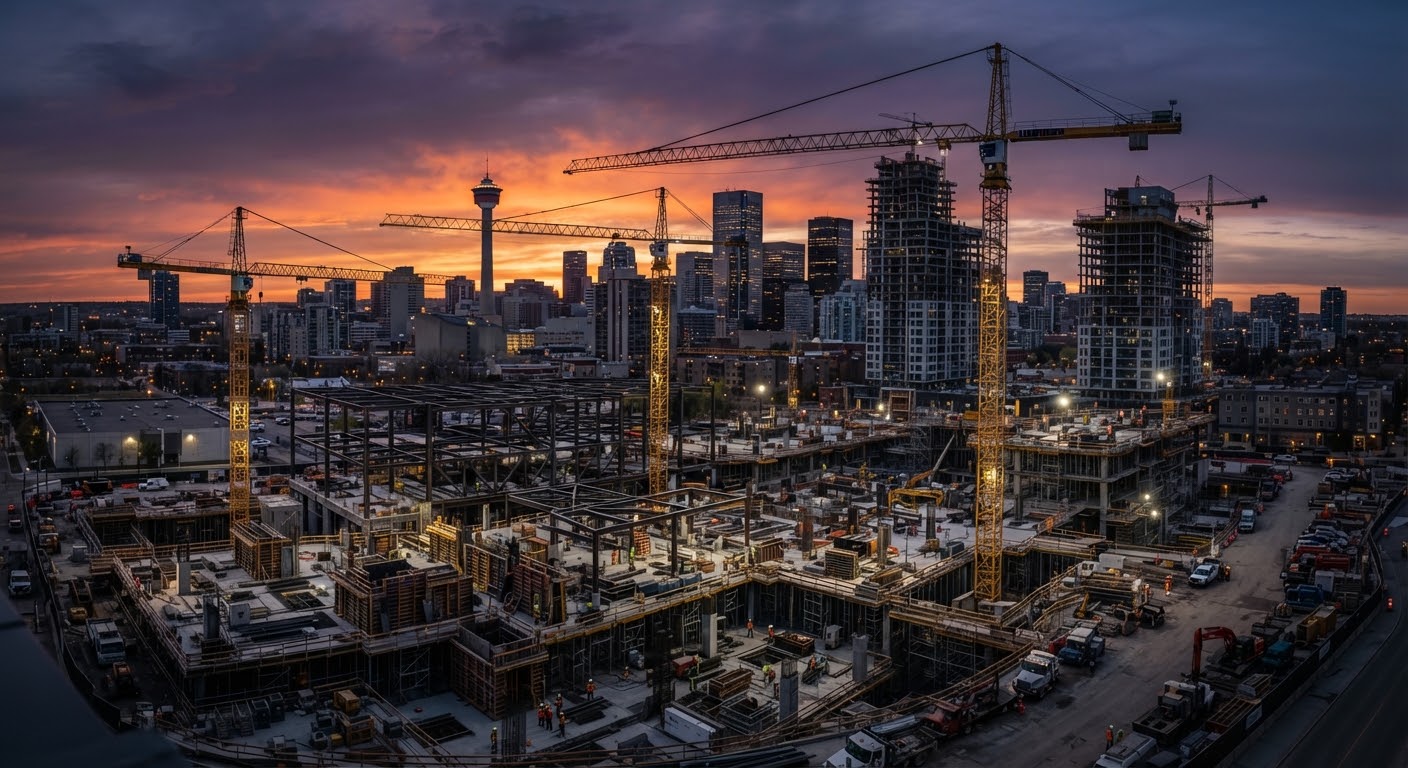 High-resolution wide shot of a massive construction site in Calgary with tall yellow cranes against a dramatic sunset sky, industrial scale and steel skeletons visible in a dark, professional corporate aesthetic.