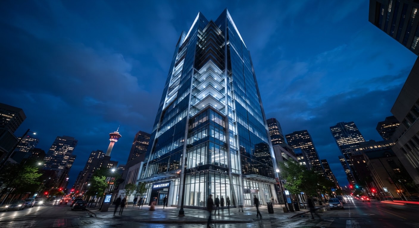 A modern glass corporate tower in Downtown Calgary reflecting the city lights at dusk, low angle view with sophisticated deep blue and cool white lighting.