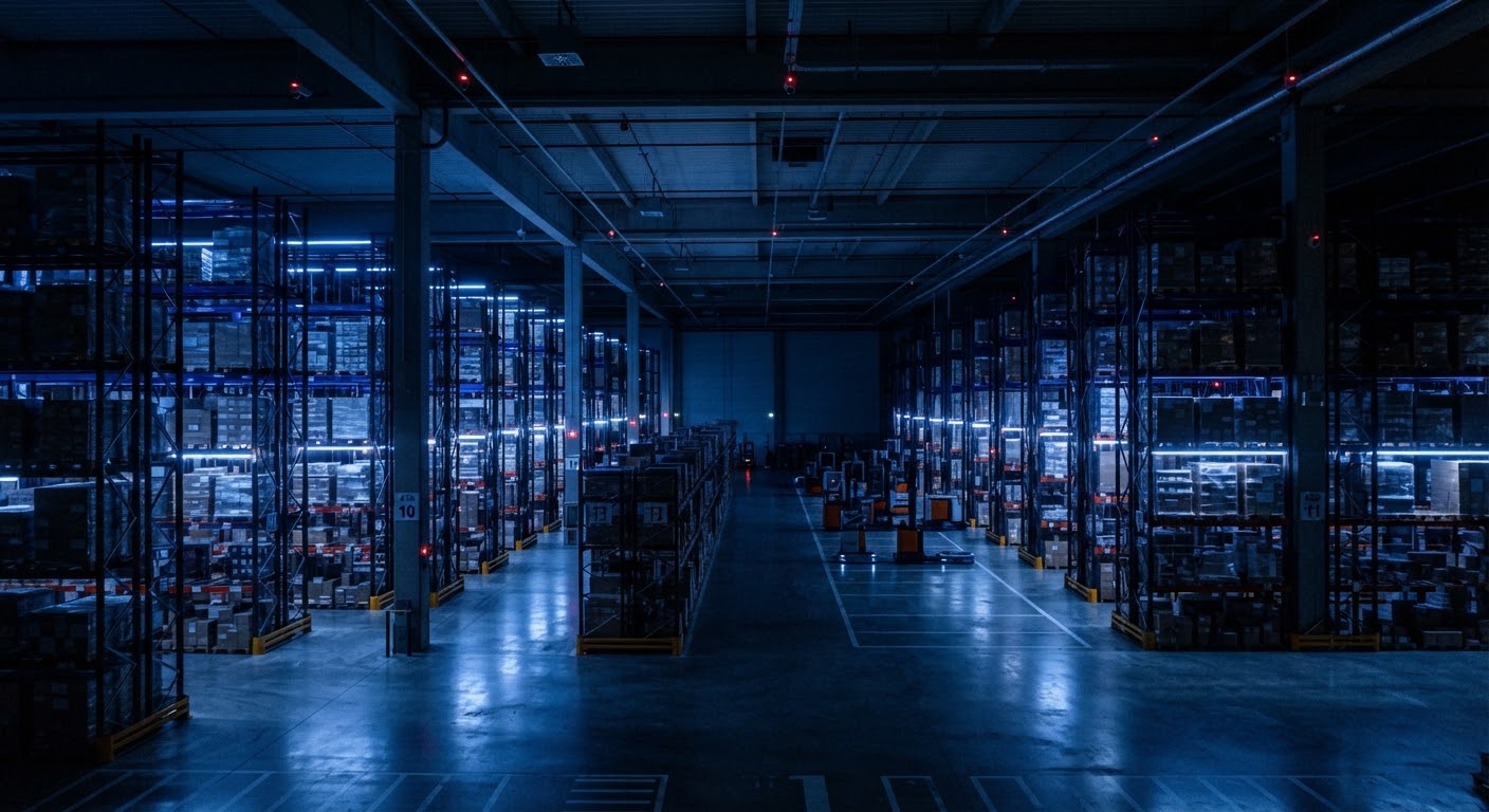 A vast industrial warehouse interior at night with long aisles of high shelving and soft blue security lighting, organized logistics scale.