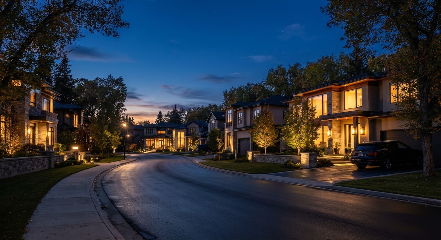 A quiet, upscale residential community in Calgary during the blue hour with soft warm lights from modern houses against a deep blue sky.