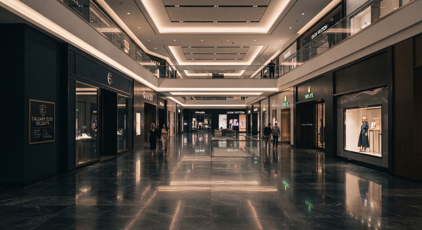 Interior of a luxury retail mall with high-end storefronts and polished floors reflecting soft overhead lighting, minimalist deep navy and charcoal palette.