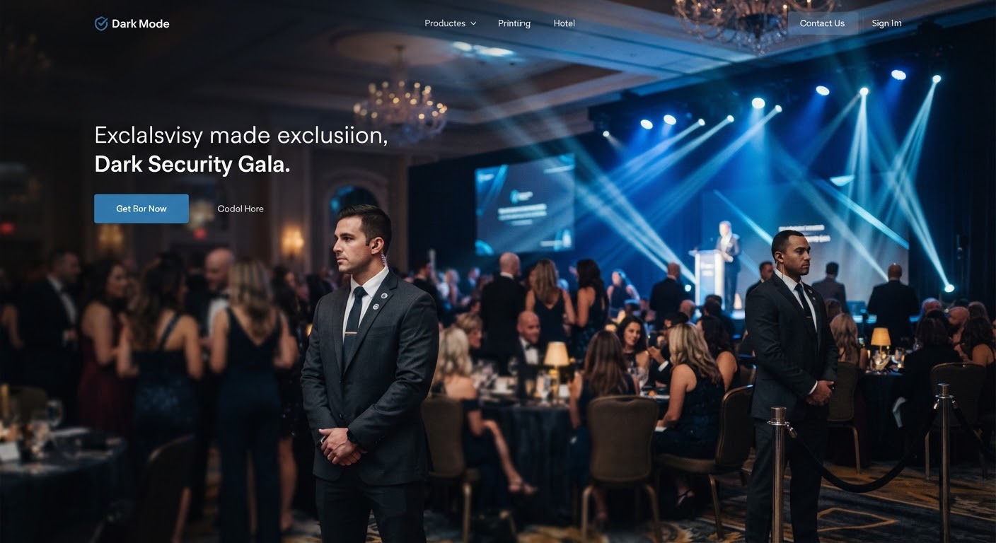 A high-profile corporate gala in a grand ballroom with dramatic stage lighting, rich dark colors accented by electric blue light streaks.