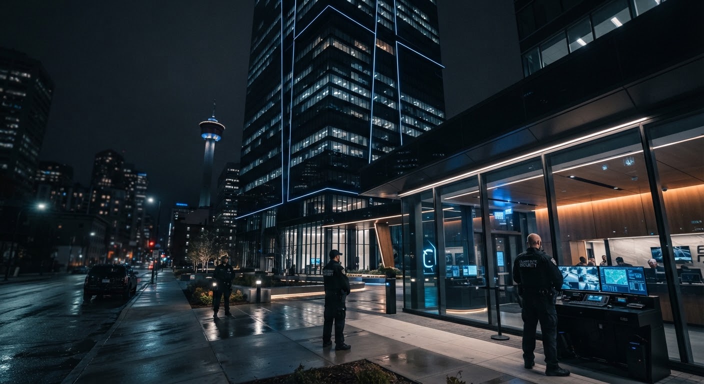 A cinematic, wide shot of a modern, dark high-rise building at night in Calgary with subtle electric blue accents illuminating the architectural lines.